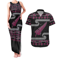 New Zealand Christmas Couples Matching Tank Maxi Dress and Hawaiian Shirt Meri Kirihimete Silver Fern Knit Style Pink Color LT03 Pink - Polynesian Pride
