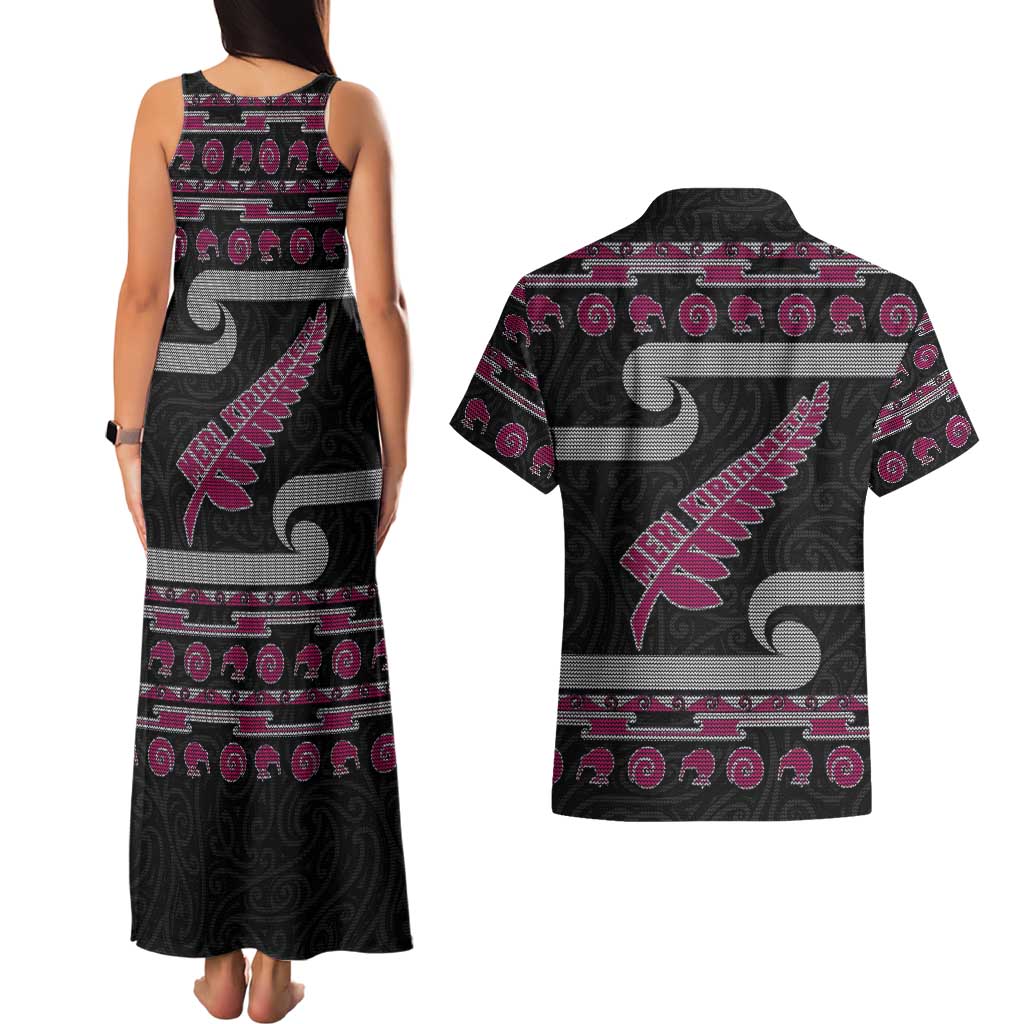 New Zealand Christmas Couples Matching Tank Maxi Dress and Hawaiian Shirt Meri Kirihimete Silver Fern Knit Style Pink Color LT03 - Polynesian Pride