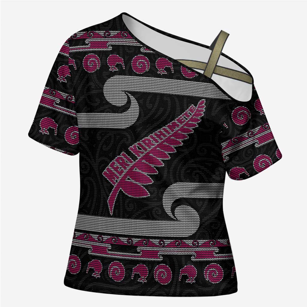 New Zealand Christmas Cross Shoulder Shirt Meri Kirihimete Silver Fern Knit Style Pink Color LT03 Female Pink - Polynesian Pride