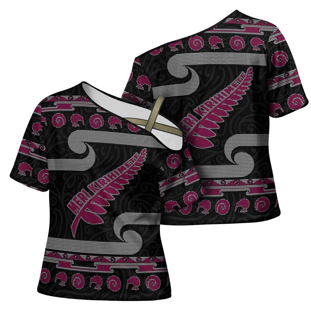 New Zealand Christmas Cross Shoulder Shirt Meri Kirihimete Silver Fern Knit Style Pink Color LT03 - Polynesian Pride