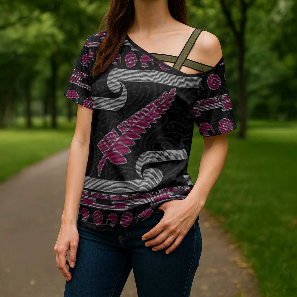 New Zealand Christmas Cross Shoulder Shirt Meri Kirihimete Silver Fern Knit Style Pink Color LT03 - Polynesian Pride
