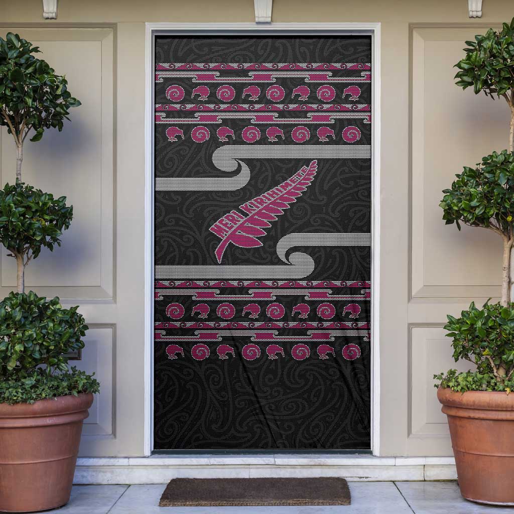New Zealand Christmas Door Cover Meri Kirihimete Silver Fern Knit Style Pink Color LT03 Pink - Polynesian Pride