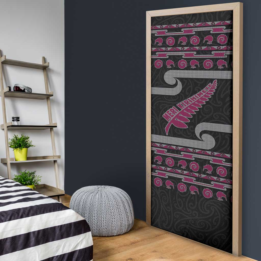 New Zealand Christmas Door Cover Meri Kirihimete Silver Fern Knit Style Pink Color LT03 - Polynesian Pride