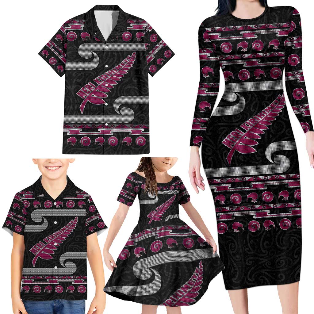 New Zealand Christmas Family Matching Long Sleeve Bodycon Dress and Hawaiian Shirt Meri Kirihimete Silver Fern Knit Style Pink Color LT03 - Polynesian Pride