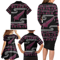 New Zealand Christmas Family Matching Long Sleeve Bodycon Dress and Hawaiian Shirt Meri Kirihimete Silver Fern Knit Style Pink Color LT03 - Polynesian Pride