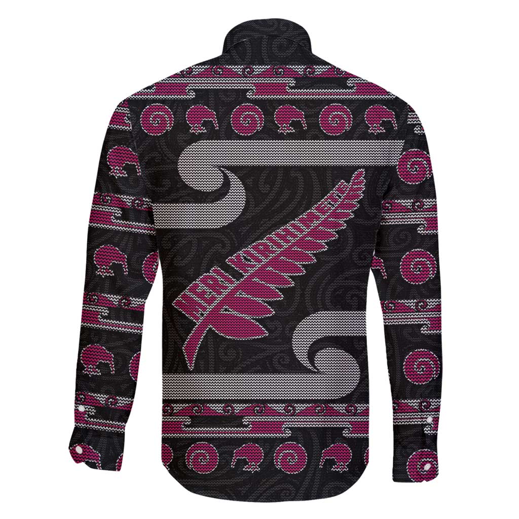 New Zealand Christmas Family Matching Long Sleeve Bodycon Dress and Hawaiian Shirt Meri Kirihimete Silver Fern Knit Style Pink Color LT03 - Polynesian Pride