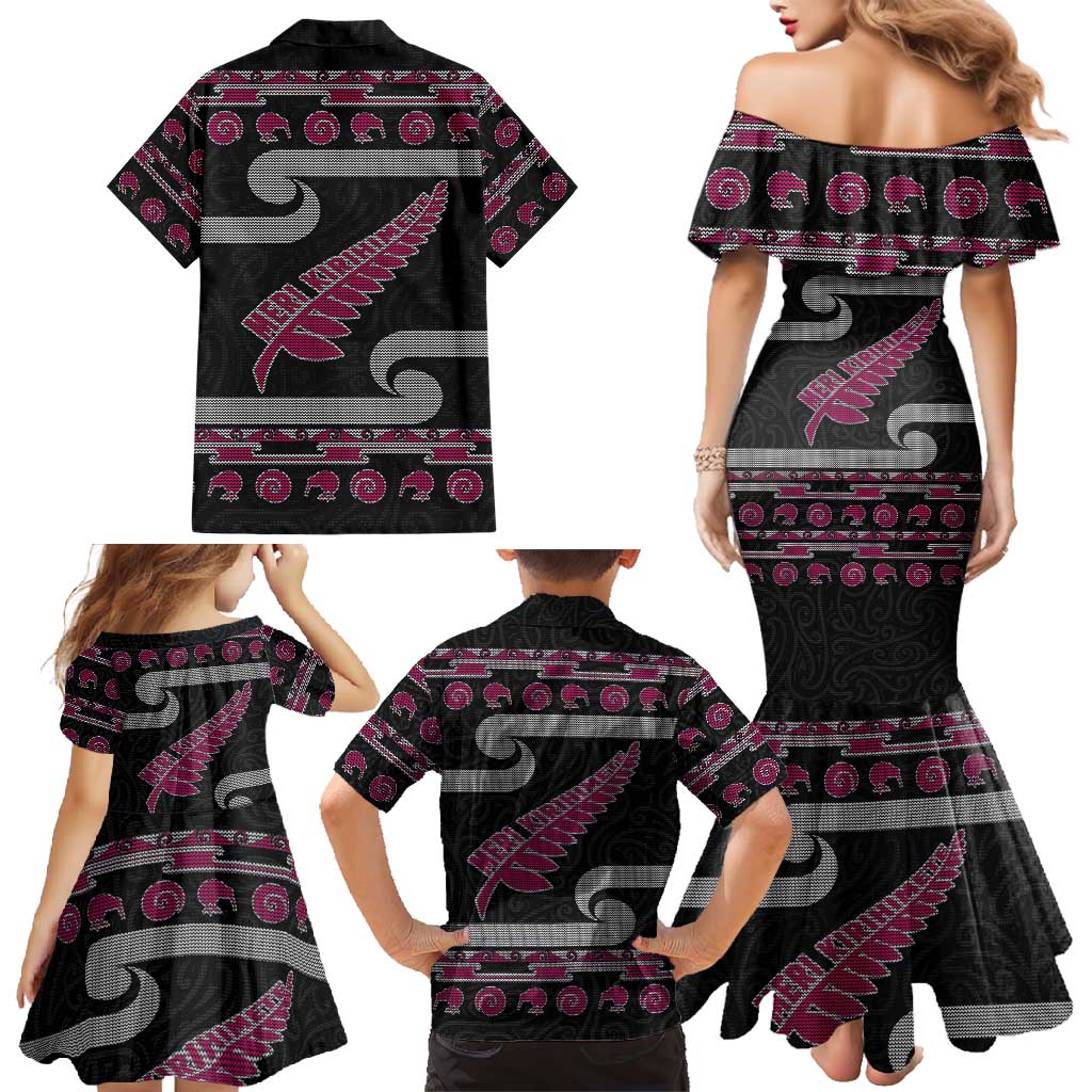 New Zealand Christmas Family Matching Mermaid Dress and Hawaiian Shirt Meri Kirihimete Silver Fern Knit Style Pink Color LT03 - Polynesian Pride