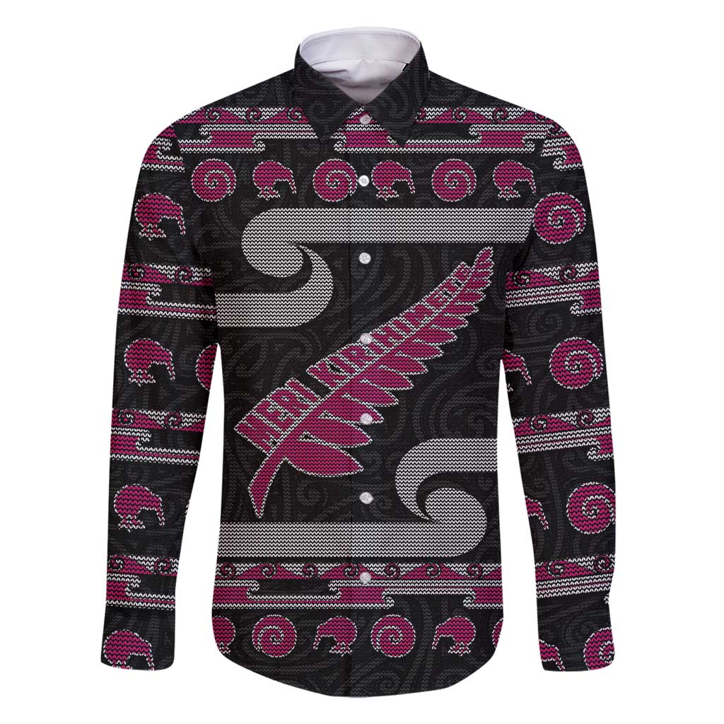 New Zealand Christmas Family Matching Mermaid Dress and Hawaiian Shirt Meri Kirihimete Silver Fern Knit Style Pink Color LT03 Dad's Shirt - Long Sleeve Pink - Polynesian Pride