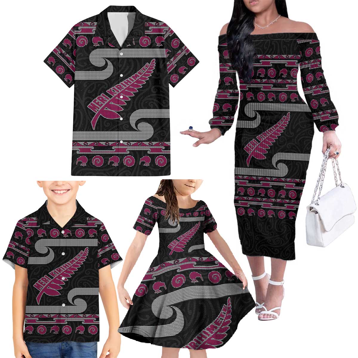 New Zealand Christmas Family Matching Off The Shoulder Long Sleeve Dress and Hawaiian Shirt Meri Kirihimete Silver Fern Knit Style Pink Color LT03 - Polynesian Pride