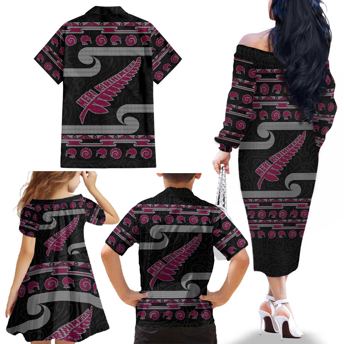 New Zealand Christmas Family Matching Off The Shoulder Long Sleeve Dress and Hawaiian Shirt Meri Kirihimete Silver Fern Knit Style Pink Color LT03 - Polynesian Pride