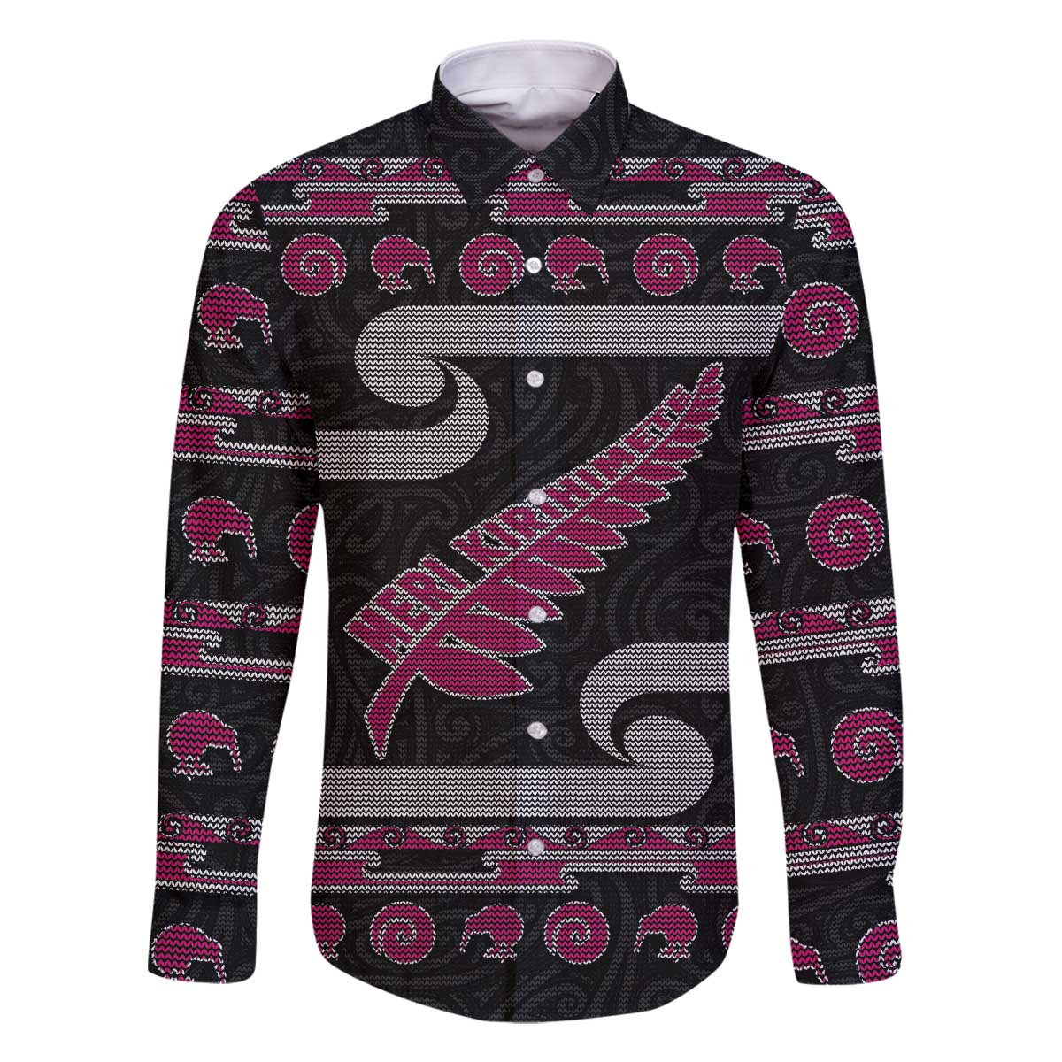 New Zealand Christmas Family Matching Off The Shoulder Long Sleeve Dress and Hawaiian Shirt Meri Kirihimete Silver Fern Knit Style Pink Color LT03 Dad's Shirt - Long Sleeve Pink - Polynesian Pride