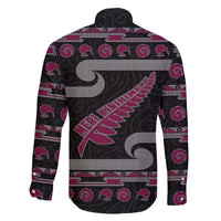 New Zealand Christmas Family Matching Off The Shoulder Long Sleeve Dress and Hawaiian Shirt Meri Kirihimete Silver Fern Knit Style Pink Color LT03 - Polynesian Pride