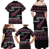 New Zealand Christmas Family Matching Off Shoulder Maxi Dress and Hawaiian Shirt Meri Kirihimete Silver Fern Knit Style Pink Color LT03 - Polynesian Pride