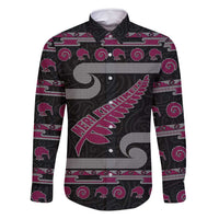 New Zealand Christmas Family Matching Off Shoulder Short Dress and Hawaiian Shirt Meri Kirihimete Silver Fern Knit Style Pink Color LT03 Dad's Shirt - Long Sleeve Pink - Polynesian Pride