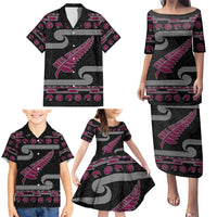 New Zealand Christmas Family Matching Puletasi and Hawaiian Shirt Meri Kirihimete Silver Fern Knit Style Pink Color LT03 - Polynesian Pride