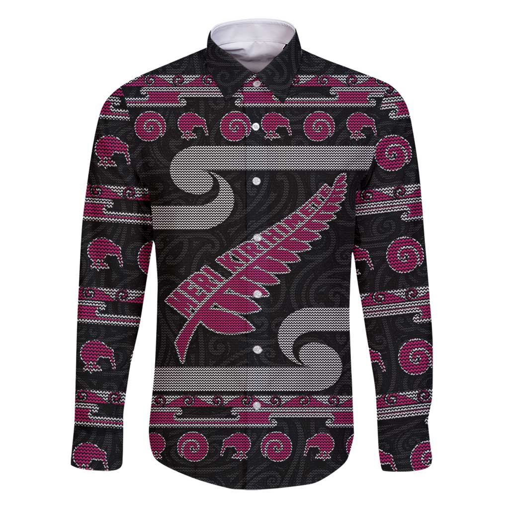 New Zealand Christmas Family Matching Puletasi and Hawaiian Shirt Meri Kirihimete Silver Fern Knit Style Pink Color LT03 Dad's Shirt - Long Sleeve Pink - Polynesian Pride