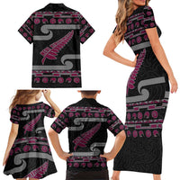 New Zealand Christmas Family Matching Short Sleeve Bodycon Dress and Hawaiian Shirt Meri Kirihimete Silver Fern Knit Style Pink Color LT03 - Polynesian Pride