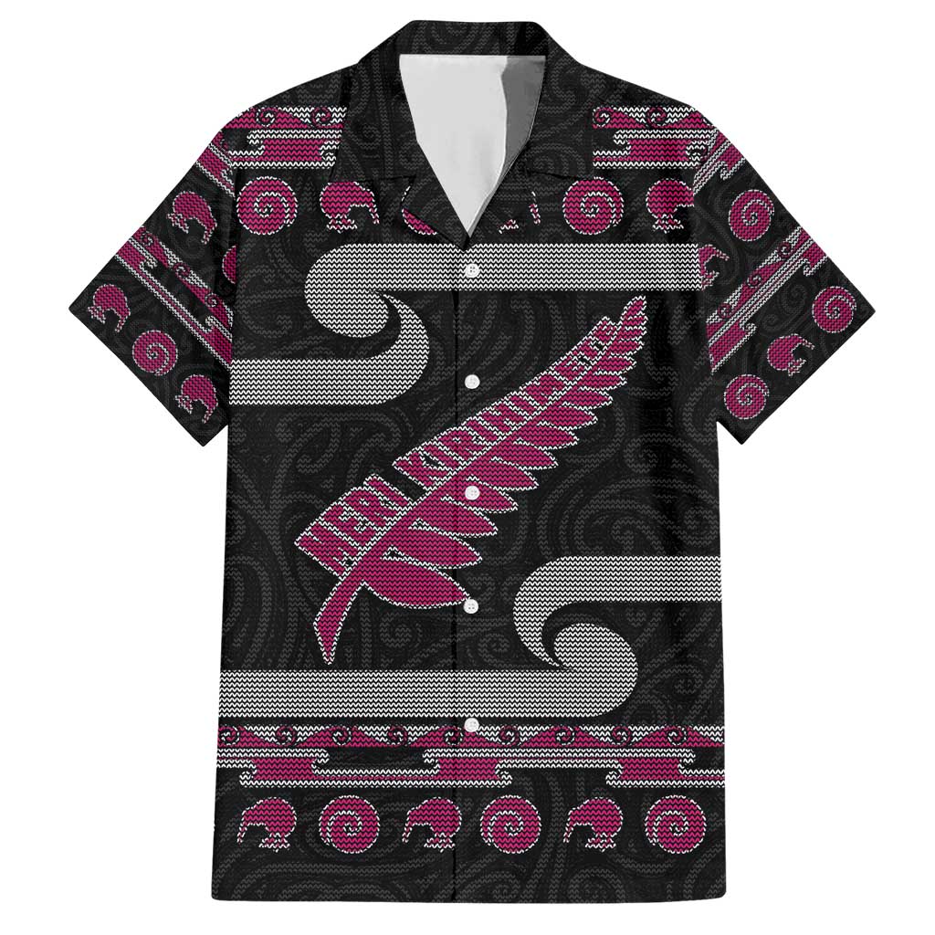 New Zealand Christmas Family Matching Short Sleeve Bodycon Dress and Hawaiian Shirt Meri Kirihimete Silver Fern Knit Style Pink Color LT03 Dad's Shirt - Short Sleeve Pink - Polynesian Pride