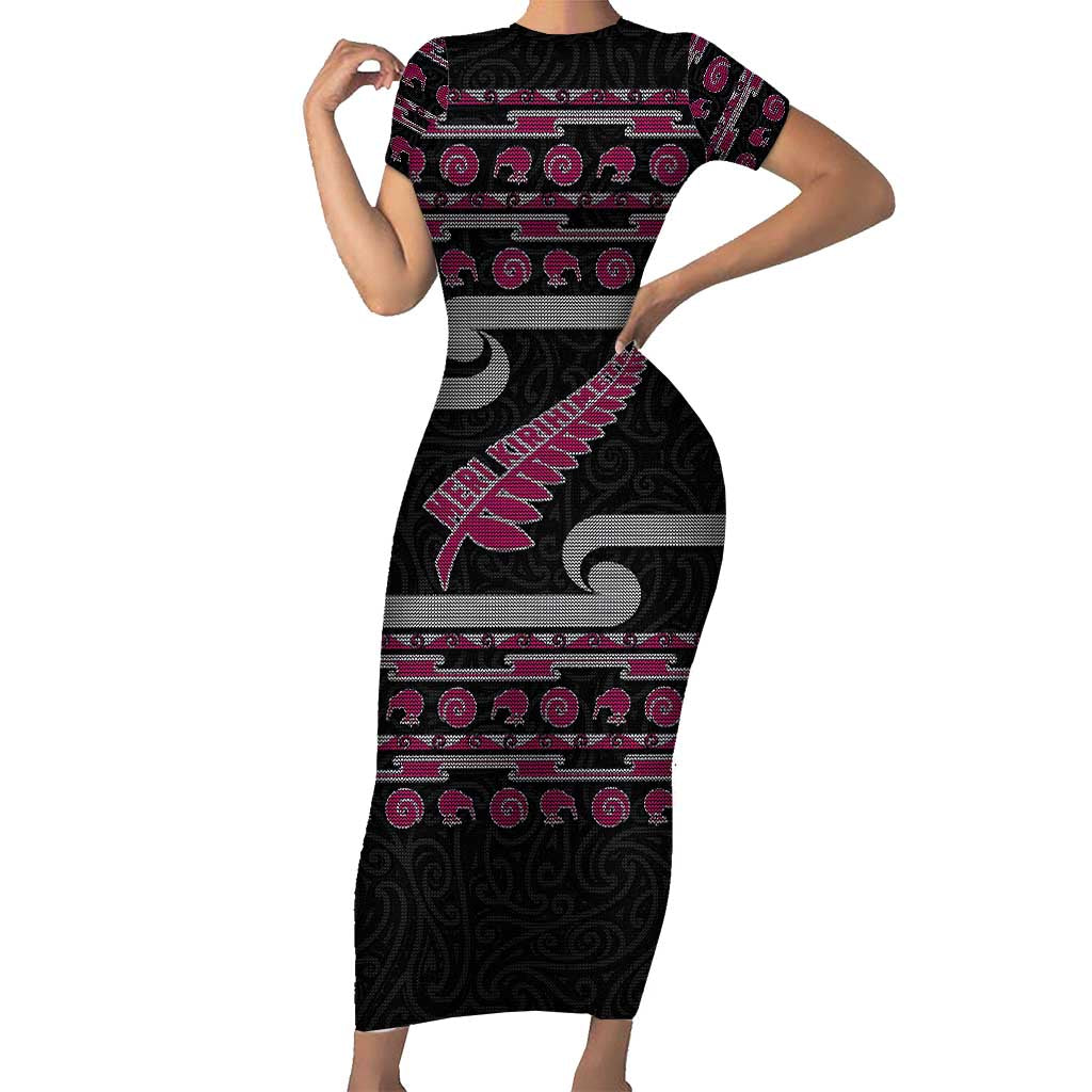 New Zealand Christmas Family Matching Short Sleeve Bodycon Dress and Hawaiian Shirt Meri Kirihimete Silver Fern Knit Style Pink Color LT03 Mom's Dress Pink - Polynesian Pride