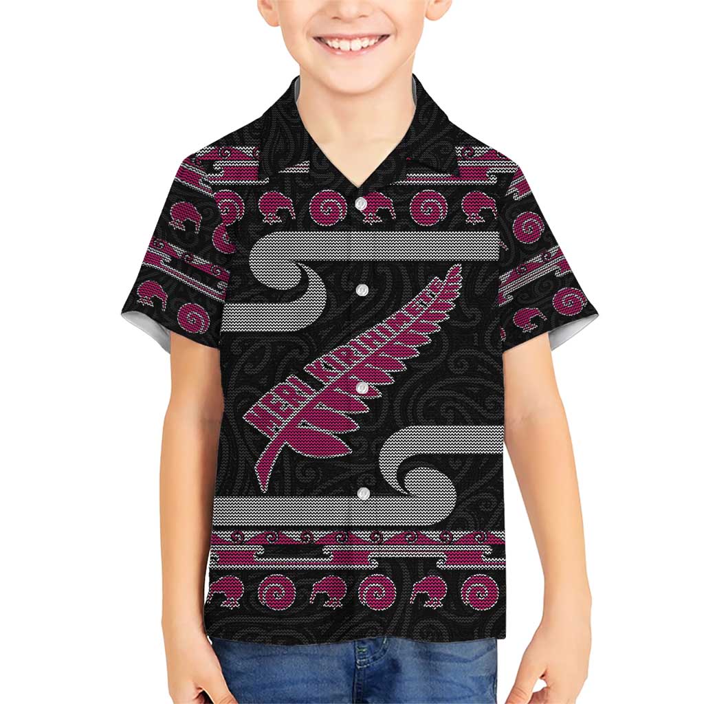 New Zealand Christmas Family Matching Short Sleeve Bodycon Dress and Hawaiian Shirt Meri Kirihimete Silver Fern Knit Style Pink Color LT03 Son's Shirt Pink - Polynesian Pride