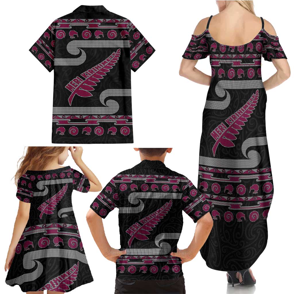 New Zealand Christmas Family Matching Summer Maxi Dress and Hawaiian Shirt Meri Kirihimete Silver Fern Knit Style Pink Color LT03 - Polynesian Pride