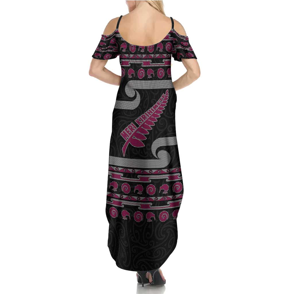New Zealand Christmas Family Matching Summer Maxi Dress and Hawaiian Shirt Meri Kirihimete Silver Fern Knit Style Pink Color LT03 - Polynesian Pride