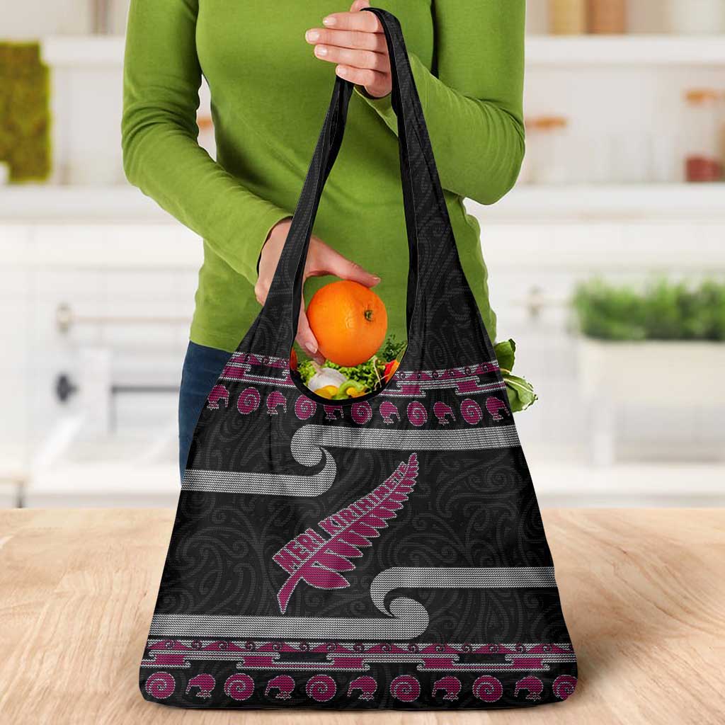 New Zealand Christmas Grocery Bag Meri Kirihimete Silver Fern Knit Style Pink Color LT03 - Polynesian Pride