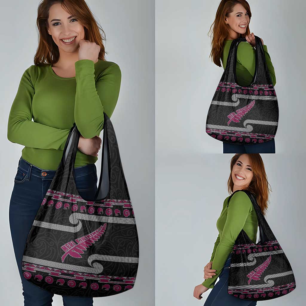 New Zealand Christmas Grocery Bag Meri Kirihimete Silver Fern Knit Style Pink Color LT03 - Polynesian Pride