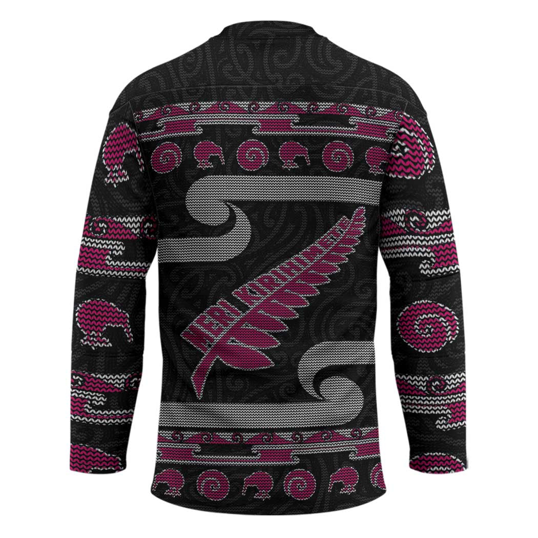 New Zealand Christmas Hockey Jersey Meri Kirihimete Silver Fern Knit Style Pink Color LT03 - Polynesian Pride