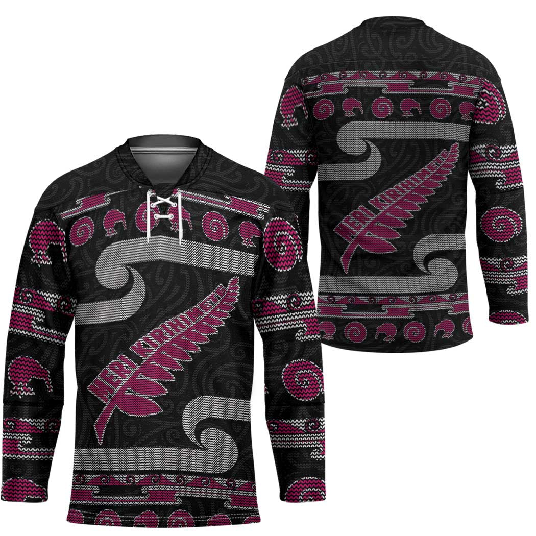 New Zealand Christmas Hockey Jersey Meri Kirihimete Silver Fern Knit Style Pink Color LT03 - Polynesian Pride