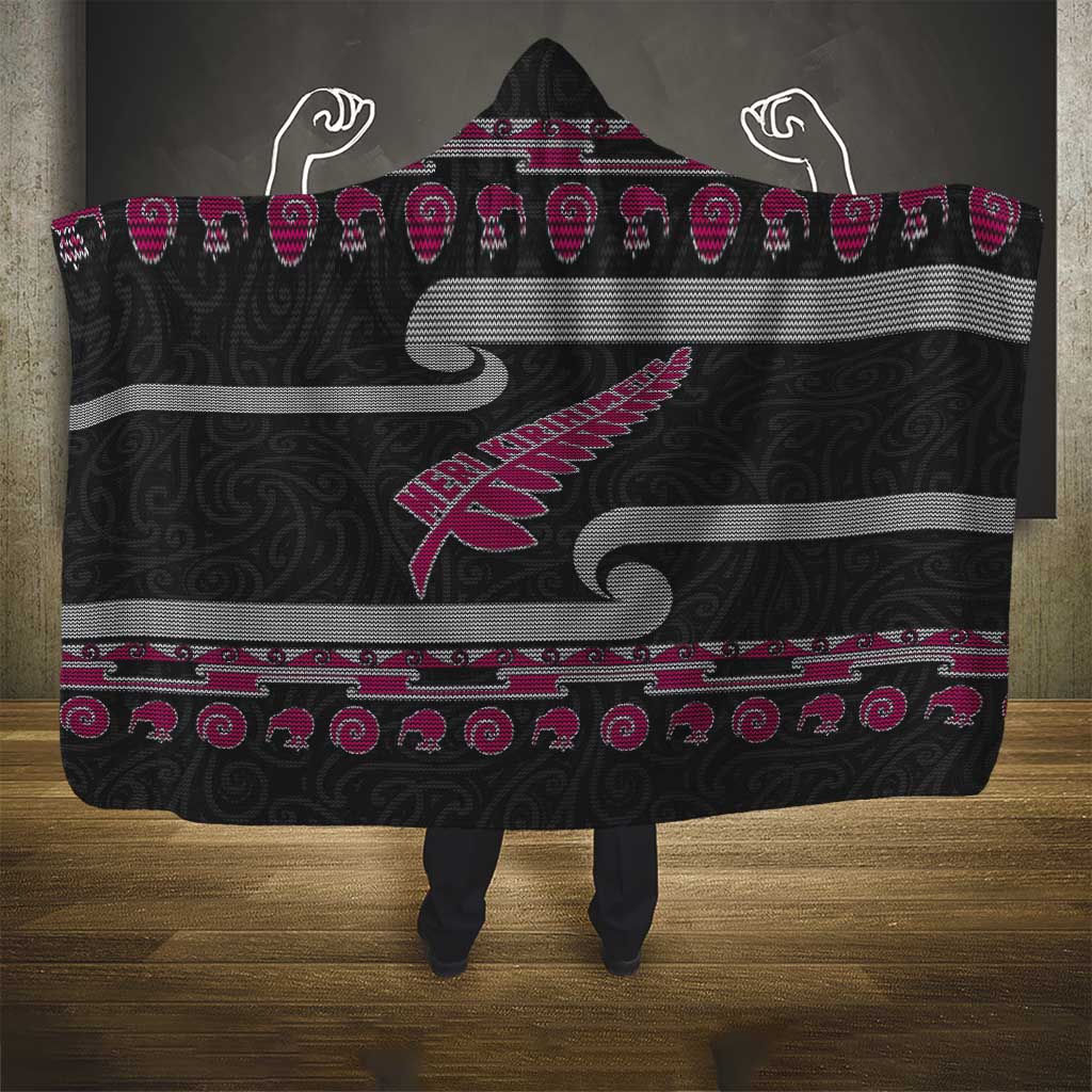 New Zealand Christmas Hooded Blanket Meri Kirihimete Silver Fern Knit Style Pink Color LT03 - Polynesian Pride