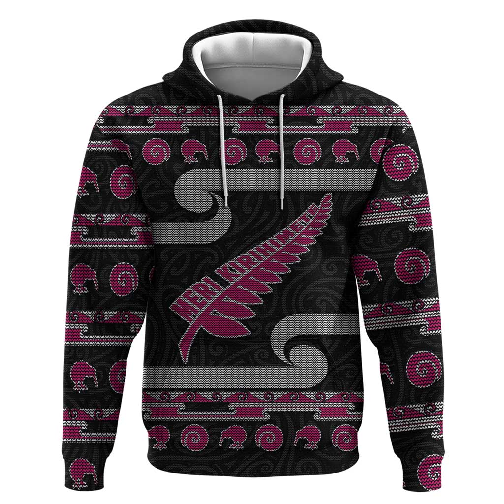 New Zealand Christmas Hoodie Meri Kirihimete Silver Fern Knit Style Pink Color LT03 Pullover Hoodie Pink - Polynesian Pride