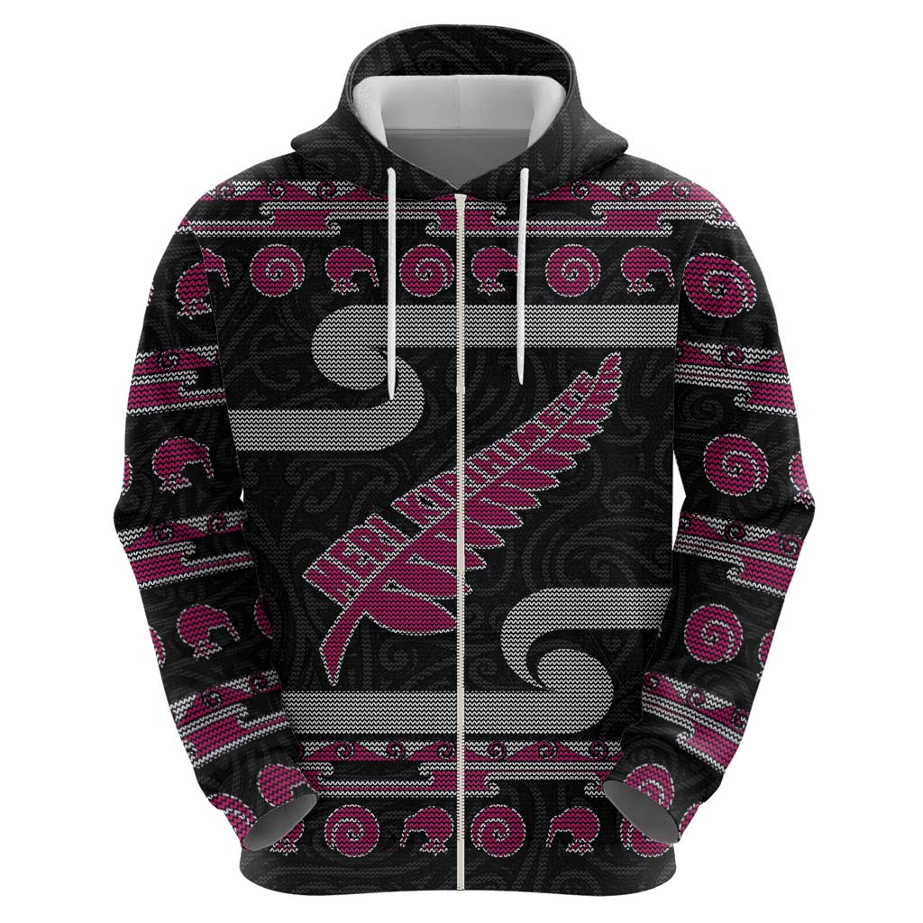 New Zealand Christmas Hoodie Meri Kirihimete Silver Fern Knit Style Pink Color LT03 - Polynesian Pride