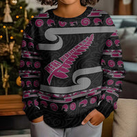New Zealand Christmas Kid Ugly Christmas Sweater Meri Kirihimete Silver Fern Knit Style Pink Color LT03 - Polynesian Pride