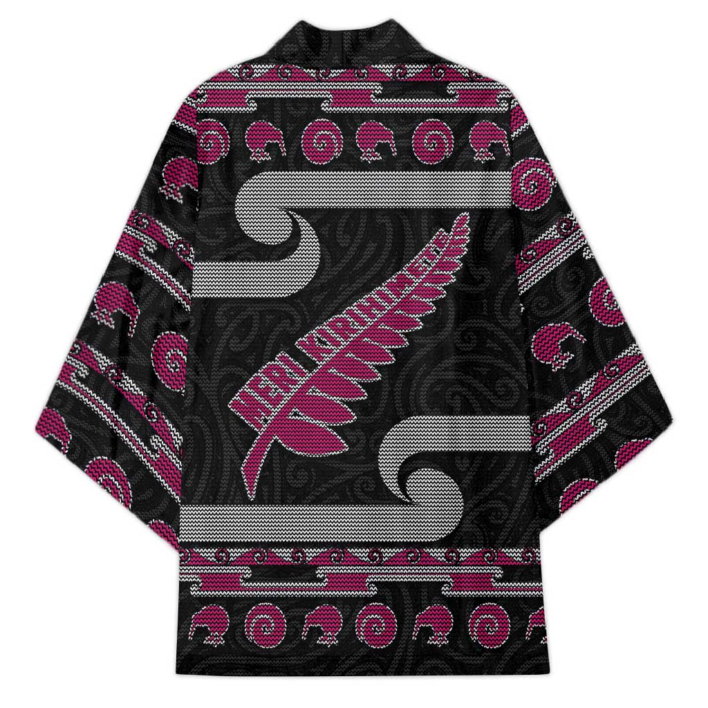New Zealand Christmas Kimono Meri Kirihimete Silver Fern Knit Style Pink Color LT03 - Polynesian Pride
