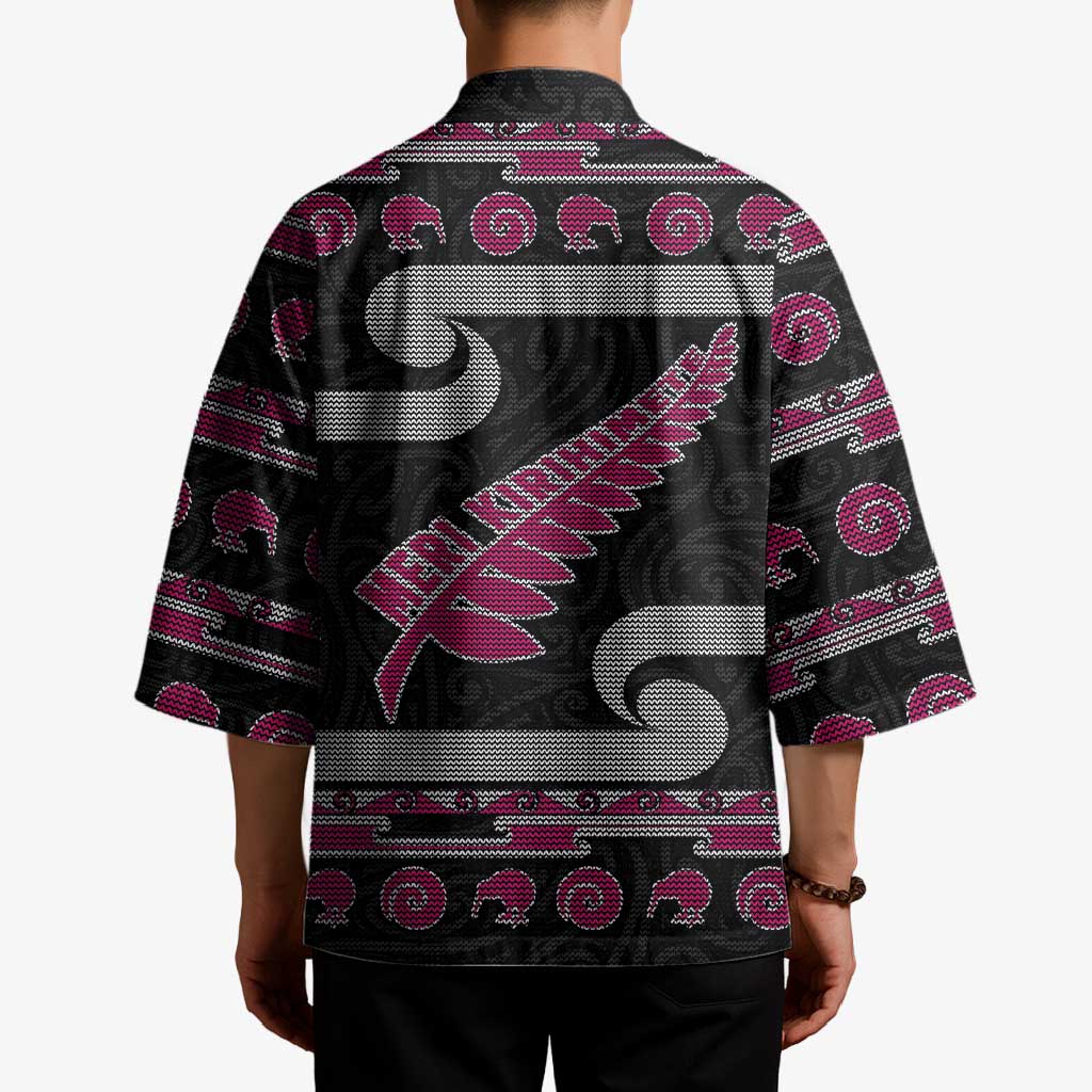 New Zealand Christmas Kimono Meri Kirihimete Silver Fern Knit Style Pink Color LT03 - Polynesian Pride