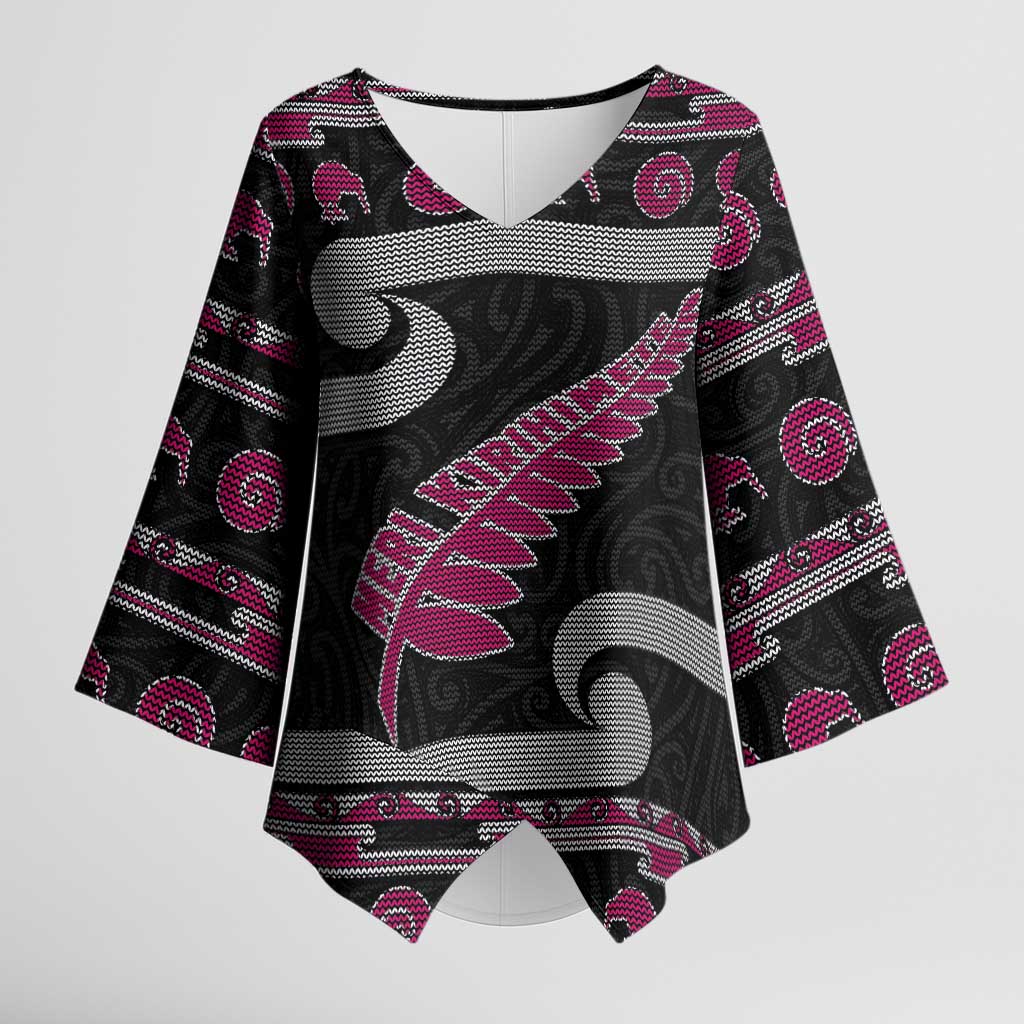 New Zealand Christmas Kimono Sleeve Blouse Meri Kirihimete Silver Fern Knit Style Pink Color LT03 Female Pink - Polynesian Pride