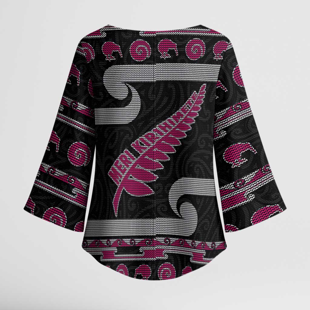 New Zealand Christmas Kimono Sleeve Blouse Meri Kirihimete Silver Fern Knit Style Pink Color LT03 - Polynesian Pride
