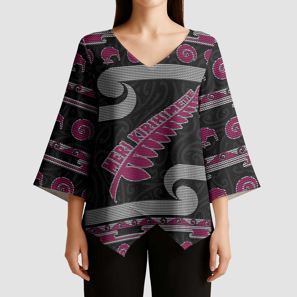 New Zealand Christmas Kimono Sleeve Blouse Meri Kirihimete Silver Fern Knit Style Pink Color LT03 - Polynesian Pride