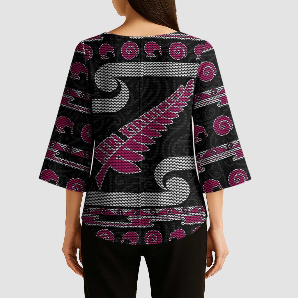 New Zealand Christmas Kimono Sleeve Blouse Meri Kirihimete Silver Fern Knit Style Pink Color LT03 - Polynesian Pride