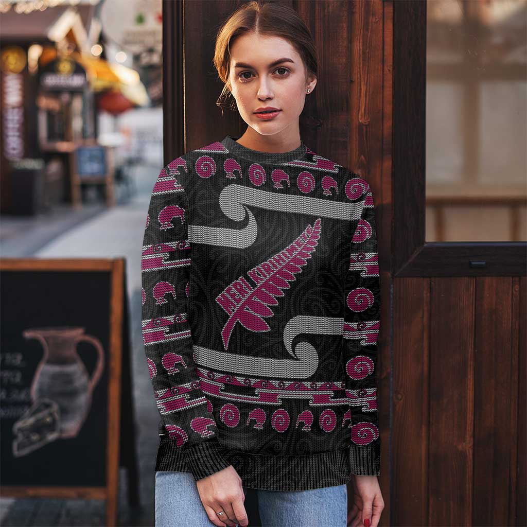 New Zealand Christmas Ugly Christmas Sweater Meri Kirihimete Silver Fern Knit Style Pink Color LT03 - Polynesian Pride