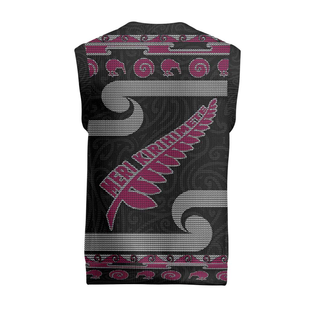 New Zealand Christmas Knitted V-Neck Vest Meri Kirihimete Silver Fern Knit Style Pink Color LT03 - Polynesian Pride