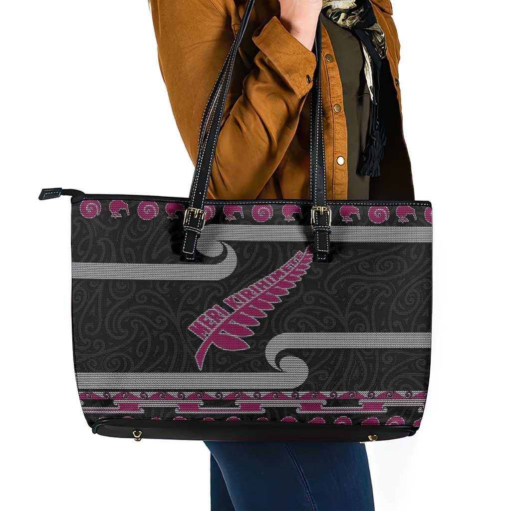 New Zealand Christmas Leather Tote Bag Meri Kirihimete Silver Fern Knit Style Pink Color LT03 - Polynesian Pride
