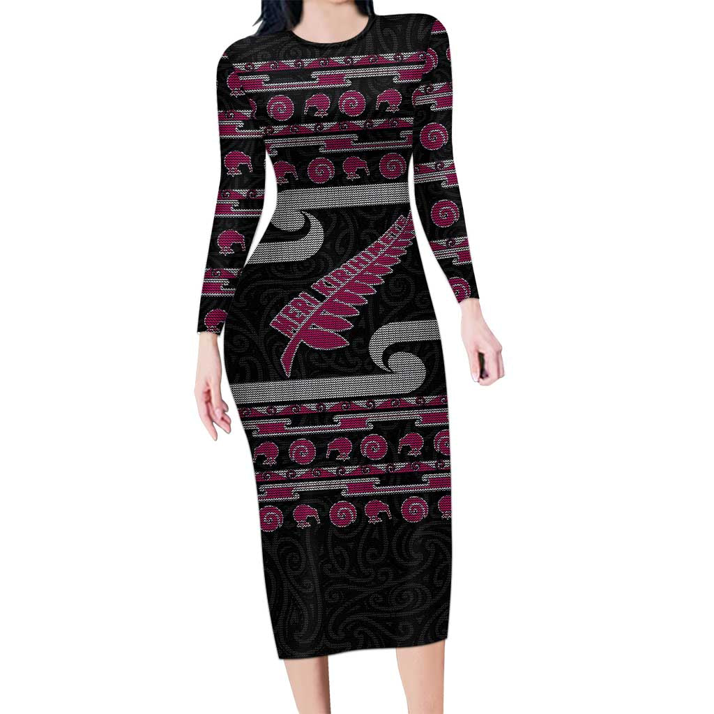 New Zealand Christmas Long Sleeve Bodycon Dress Meri Kirihimete Silver Fern Knit Style Pink Color LT03 Long Dress Pink - Polynesian Pride