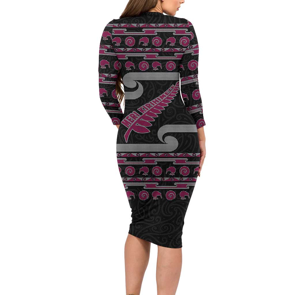 New Zealand Christmas Long Sleeve Bodycon Dress Meri Kirihimete Silver Fern Knit Style Pink Color LT03 - Polynesian Pride