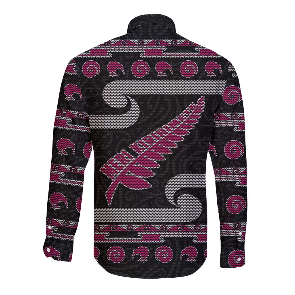 New Zealand Christmas Long Sleeve Button Shirt Meri Kirihimete Silver Fern Knit Style Pink Color LT03 - Polynesian Pride