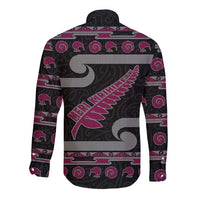 New Zealand Christmas Long Sleeve Button Shirt Meri Kirihimete Silver Fern Knit Style Pink Color LT03 - Polynesian Pride