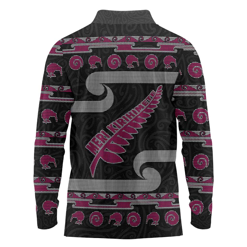 New Zealand Christmas Long Sleeve Polo Shirt Meri Kirihimete Silver Fern Knit Style Pink Color LT03 - Polynesian Pride