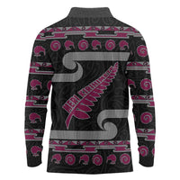 New Zealand Christmas Long Sleeve Polo Shirt Meri Kirihimete Silver Fern Knit Style Pink Color LT03 - Polynesian Pride