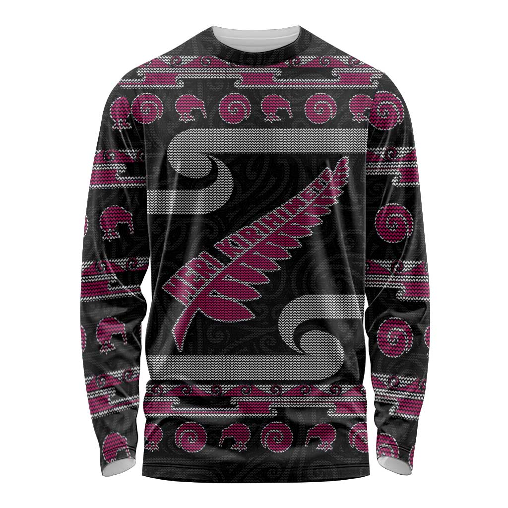 New Zealand Christmas Long Sleeve Shirt Meri Kirihimete Silver Fern Knit Style Pink Color LT03 Unisex Pink - Polynesian Pride